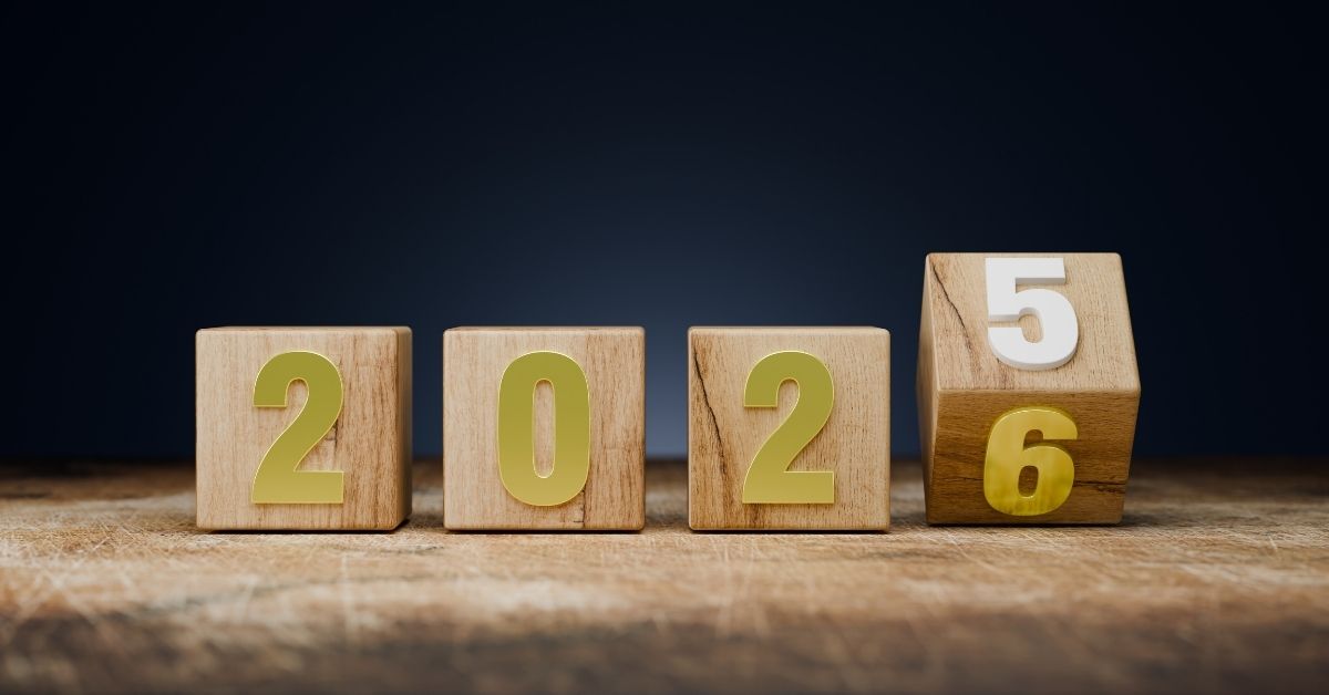 A close up photo of four blocks with a number on each one, showing 2025. The last number, 5, is being turned which reveals a 6 on a different surface of the block. 2025 will soon be 2026.