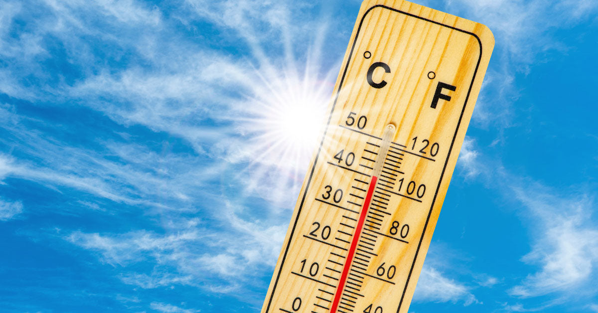 Background of sunny blue sky, with thermometer showing high temperatures