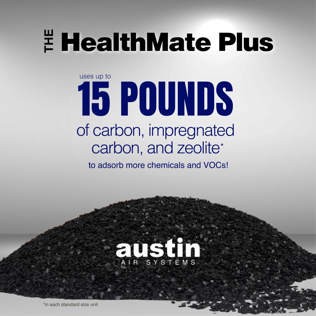 Advertisement for HealthMate Plus with text about carbon and Austin Air Systems on a gray background.