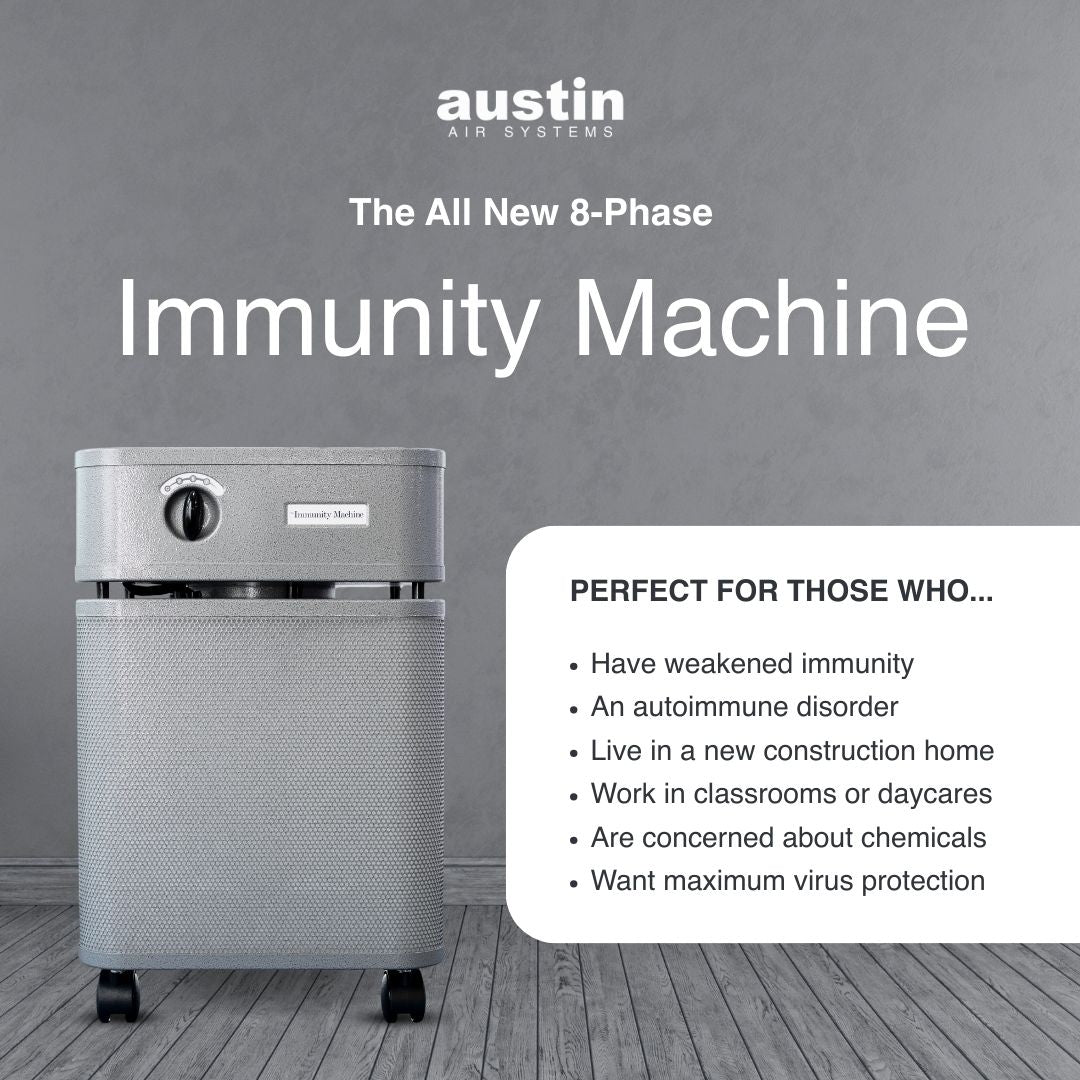 Austin Air Systems immunity machine on a gray background with text about its uses.