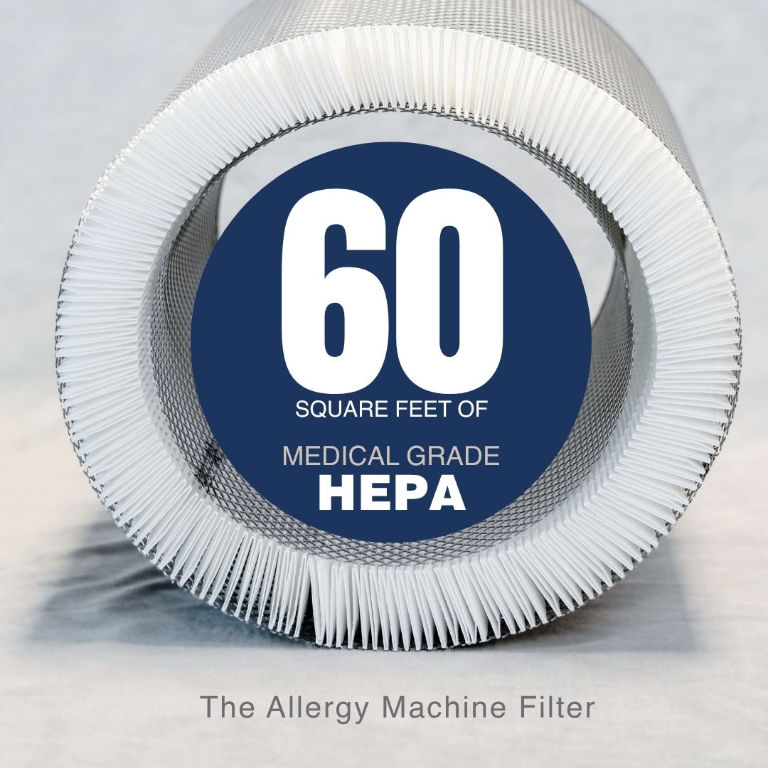 HEPA filter with '60 square feet of medical grade HEPA' label on a gray background