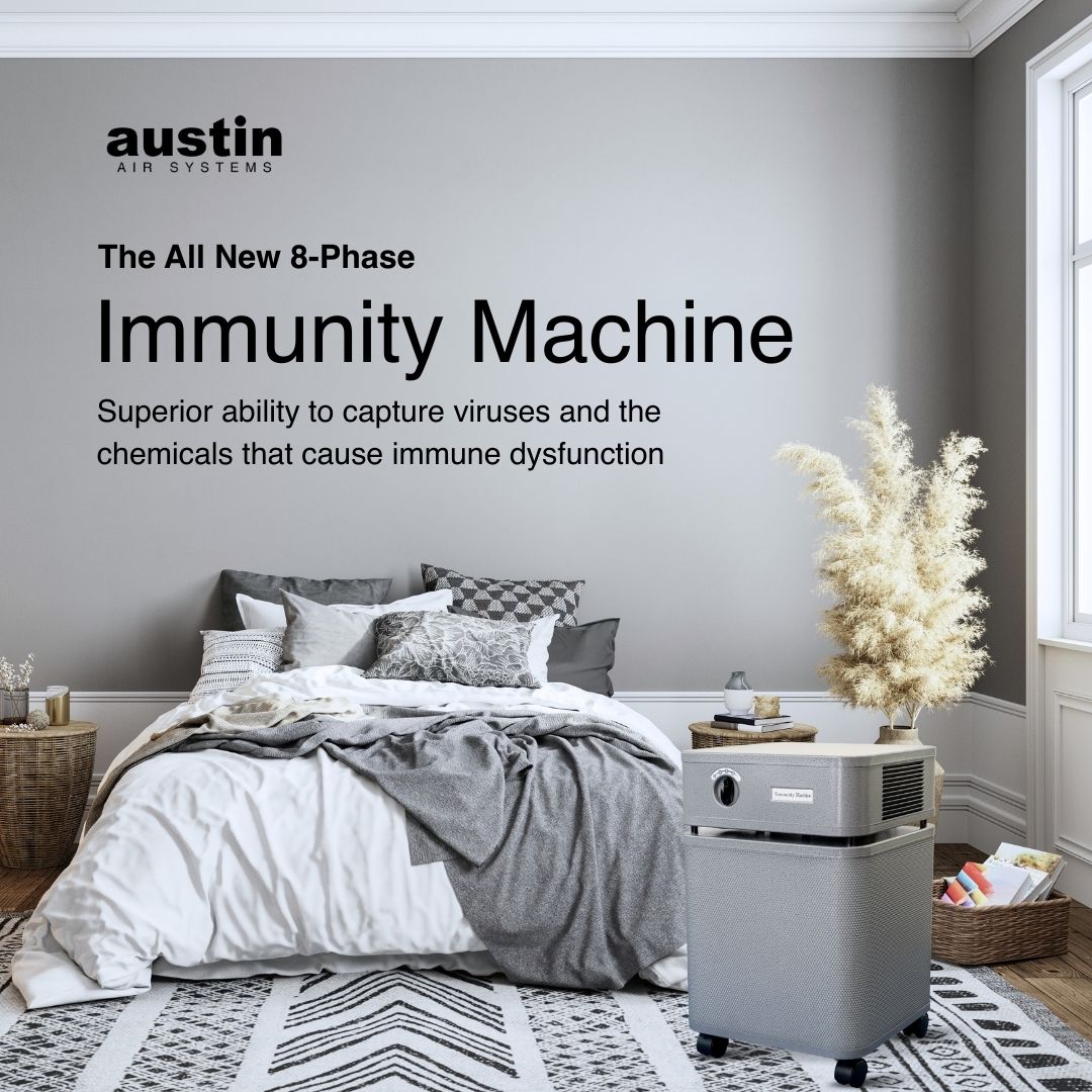 Bedroom with a gray Austin Air Immunity Machine air purifier labeled 'austin AIR SYSTEMS' on a gray wall.