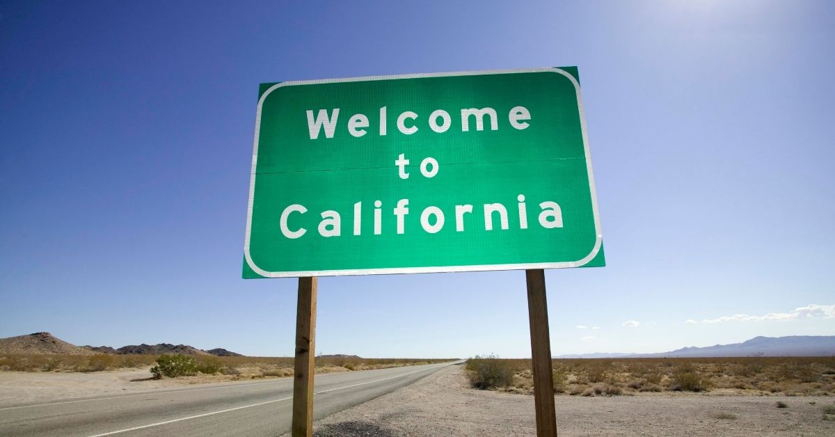 A photo featuring a large green road sign in a desert area that says, “CALIFORNIA,” in white letters. 