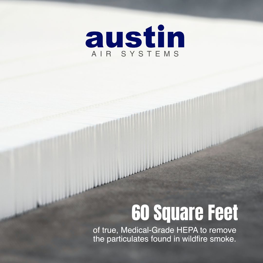 Austin Air Systems air filter with text about HEPA filtration capacity.
