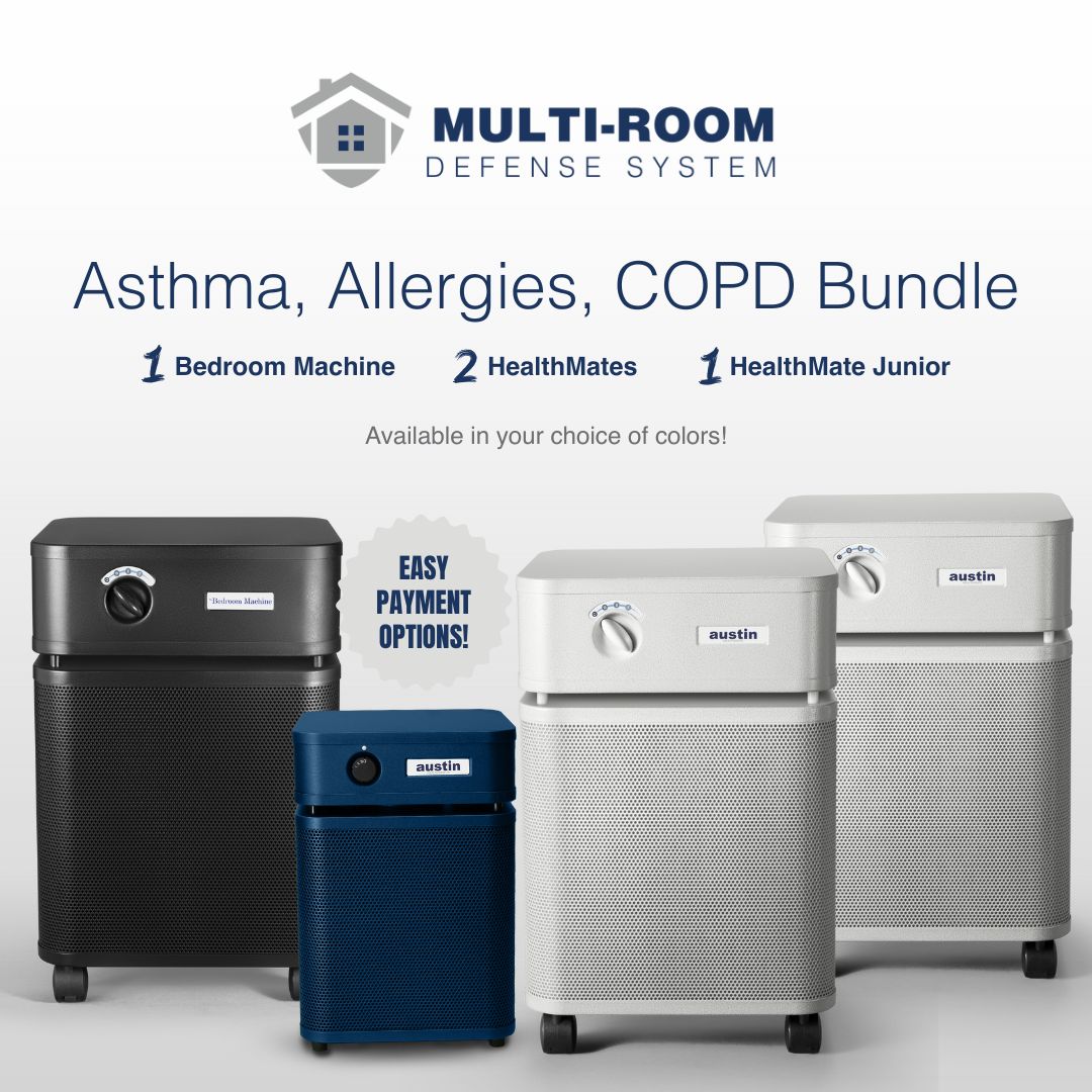 Multi-room defense system with air purifiers for asthma, allergies, and COPD on a white background.
