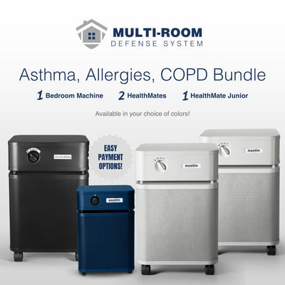 Multi-room defense system with air purifiers for asthma, allergies, and COPD on a white background.

