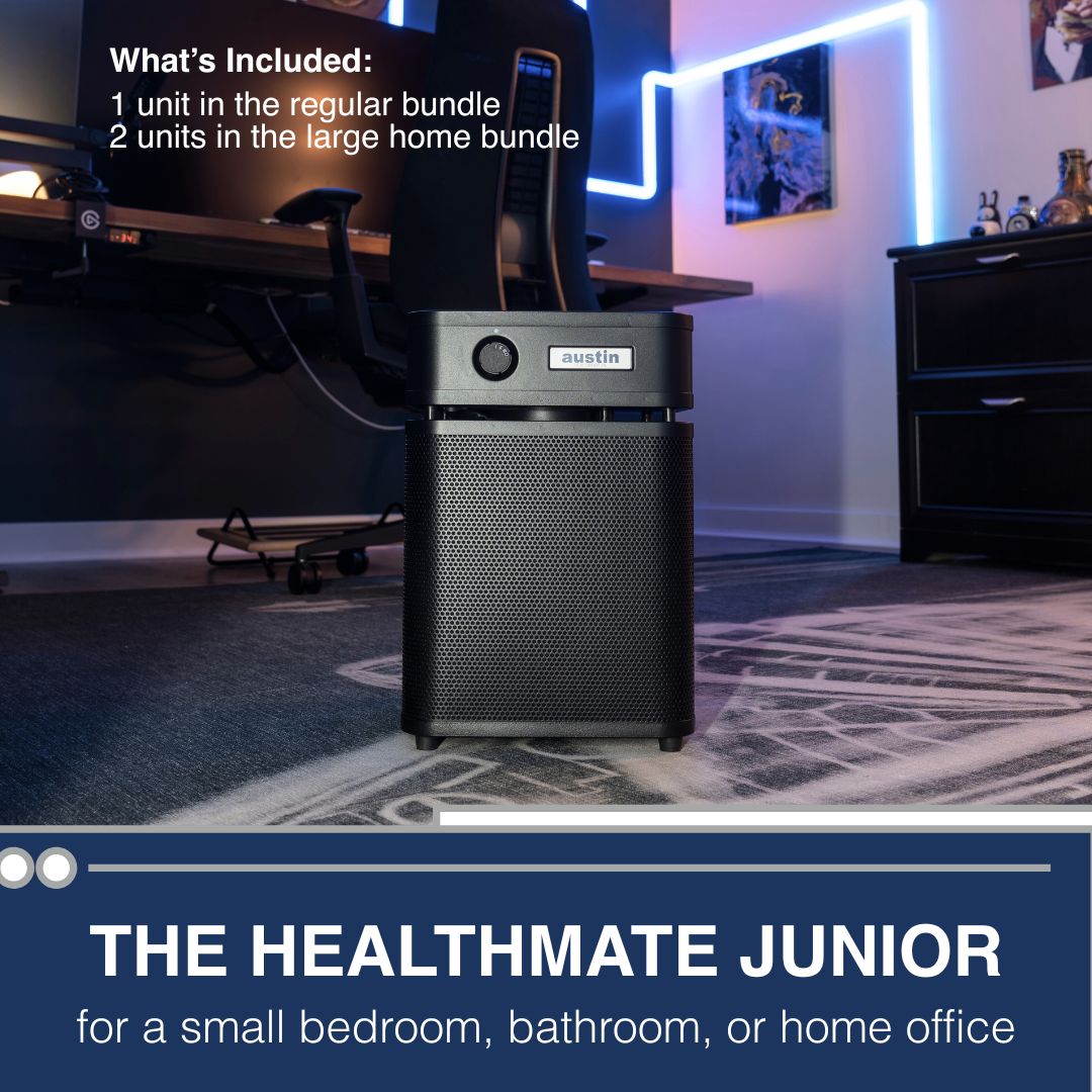 Healthmate Junior air purifier in a room setting with text about bundle options.
