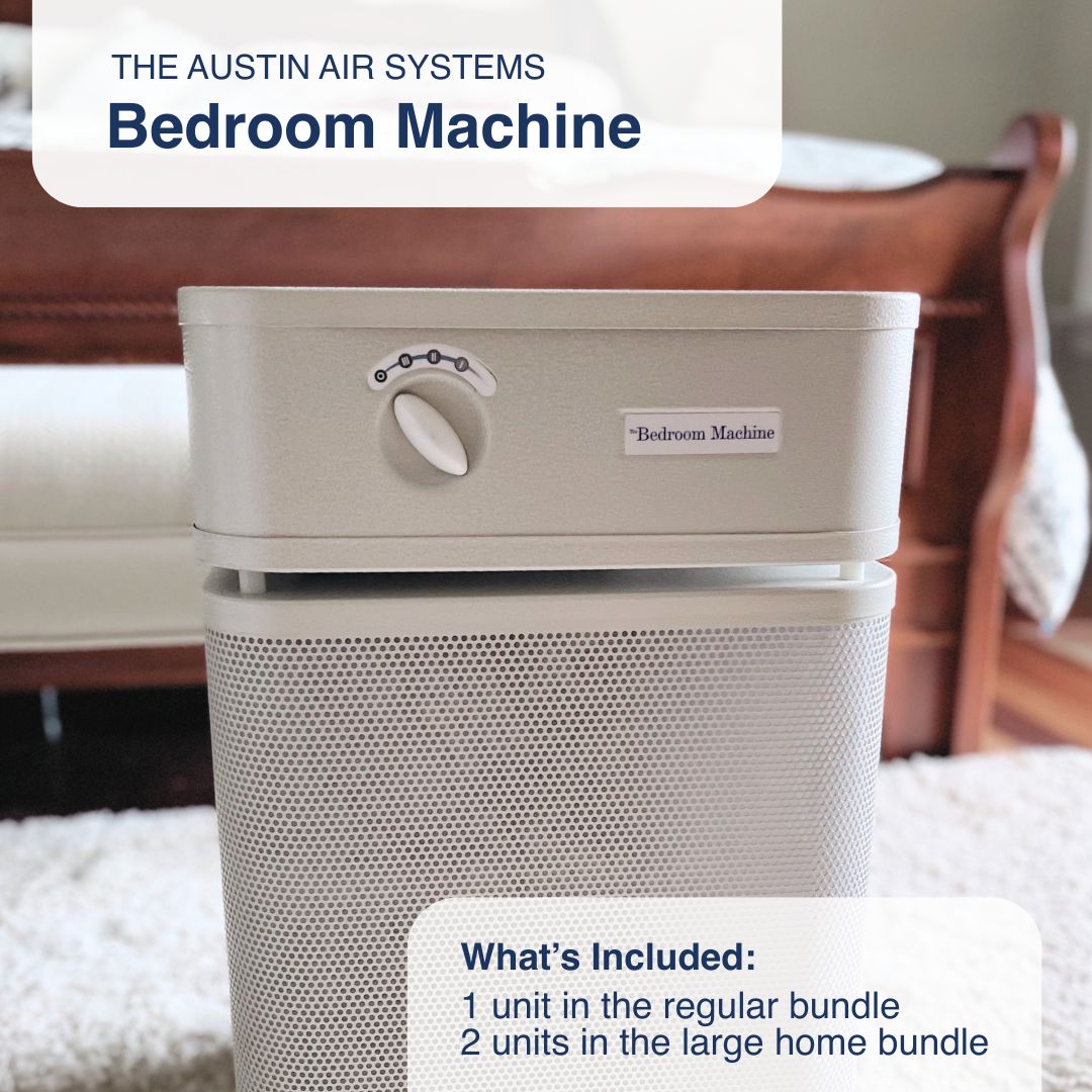Austin Air Systems Bedroom Machine on a bed with text about included units.
