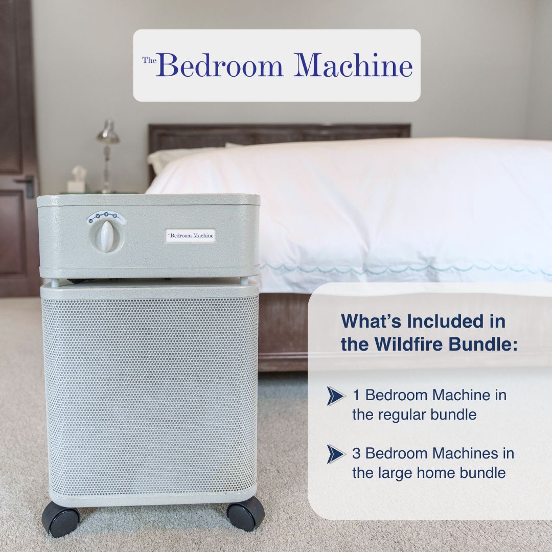 Air purifier labeled 'The Bedroom Machine' in a bedroom setting with text about bundle options.
