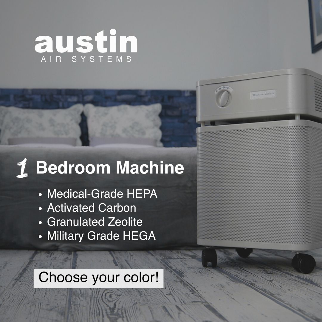 Austin Air Systems bedroom air purifier in a room setting with text highlighting features.
