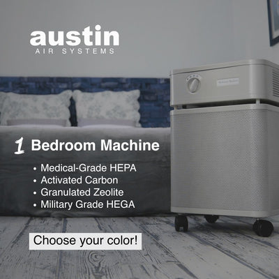 Austin Air Systems bedroom air purifier in a room setting with text highlighting features.
