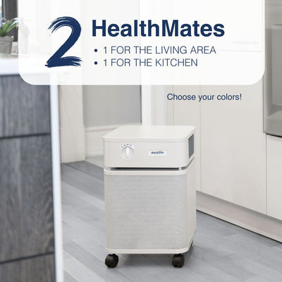 Air purifier in a kitchen setting with 'HealthMates' branding and color selection text.
