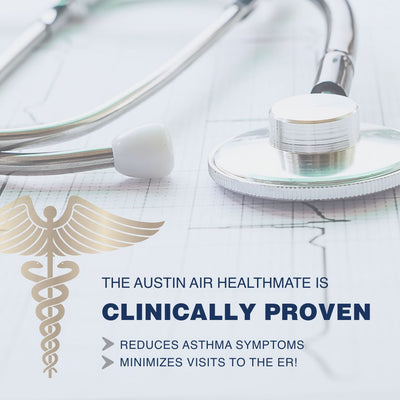 Stethoscope on a white background with text about the Austin Air Healthmate device.
