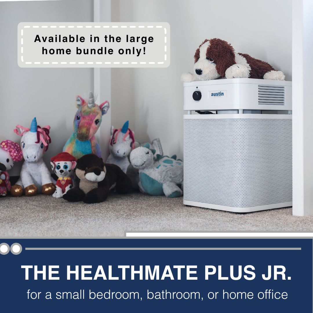 Air purifier with plush toys on a carpeted floor, text indicating availability in a large home bundle.
