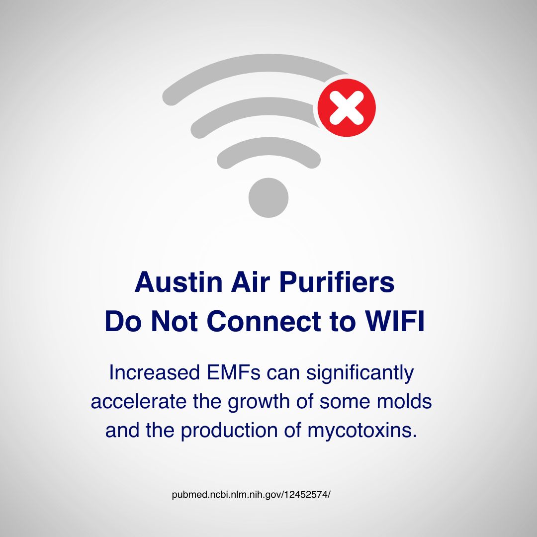 Austin Air Purifiers warning against connecting to WiFi on a gray background
