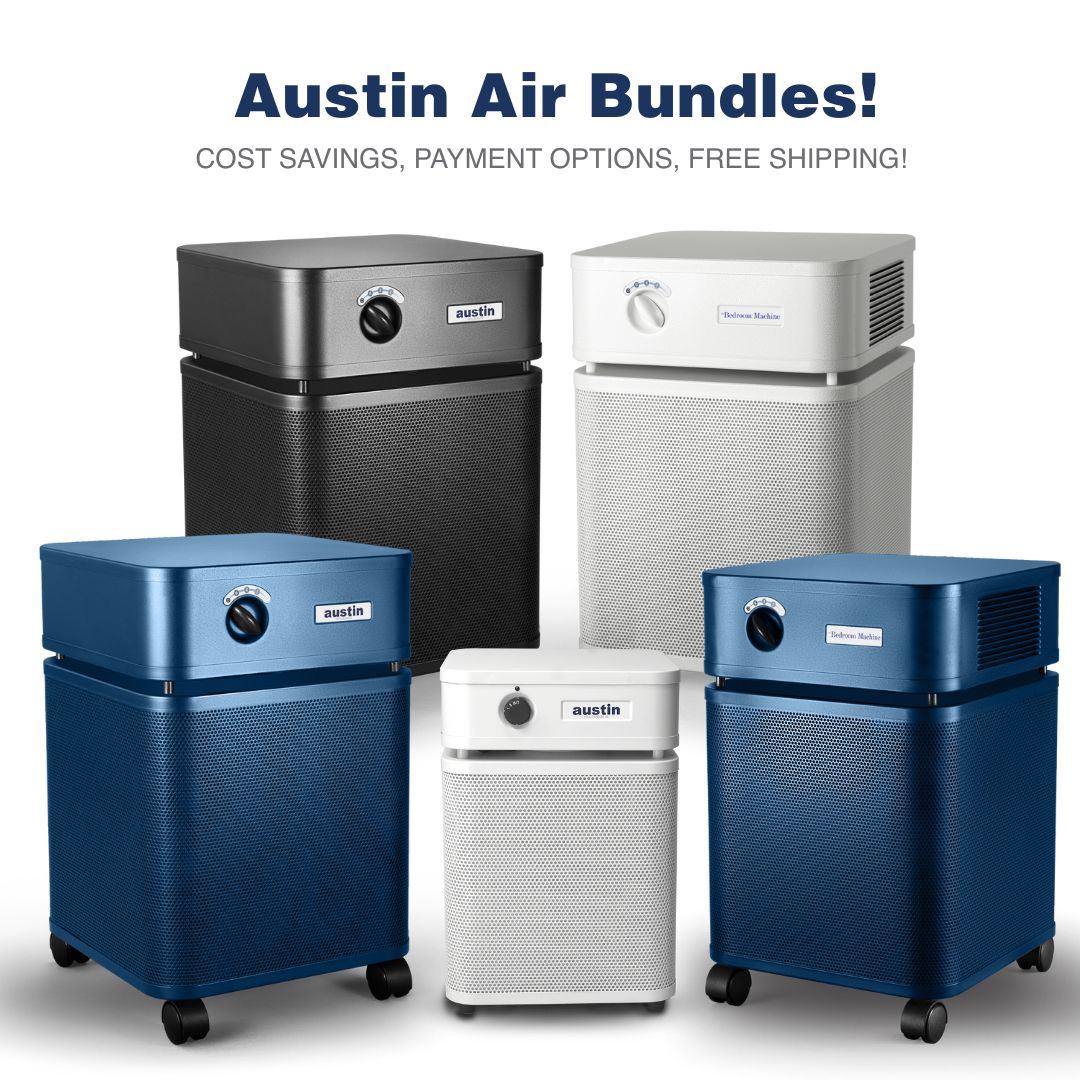 Austin Air air purifiers in various colors on a white background with promotional text.