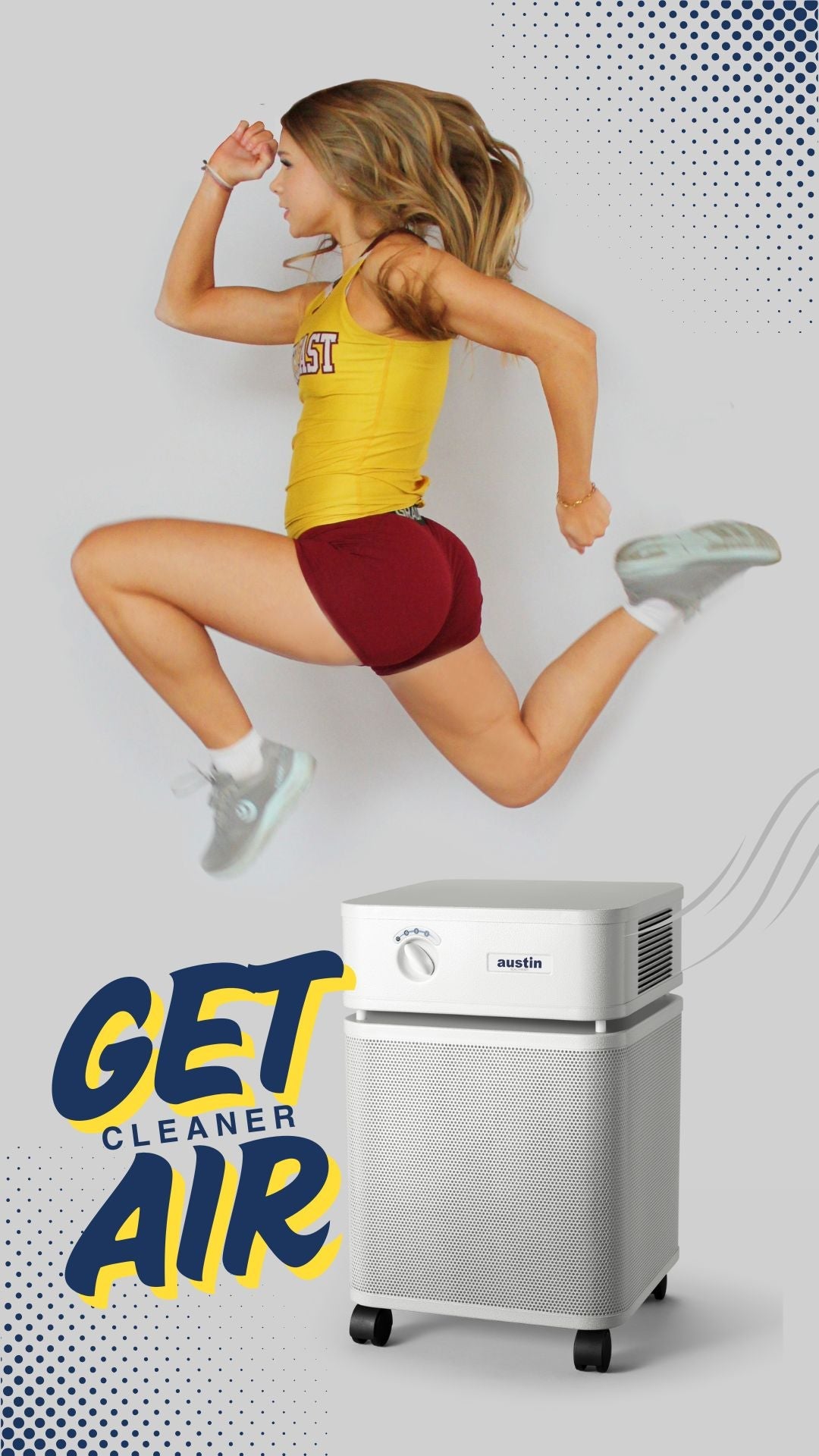 Woman in athletic wear jumping next to a air purifier with 'Get Cleaner Air' text on a light background