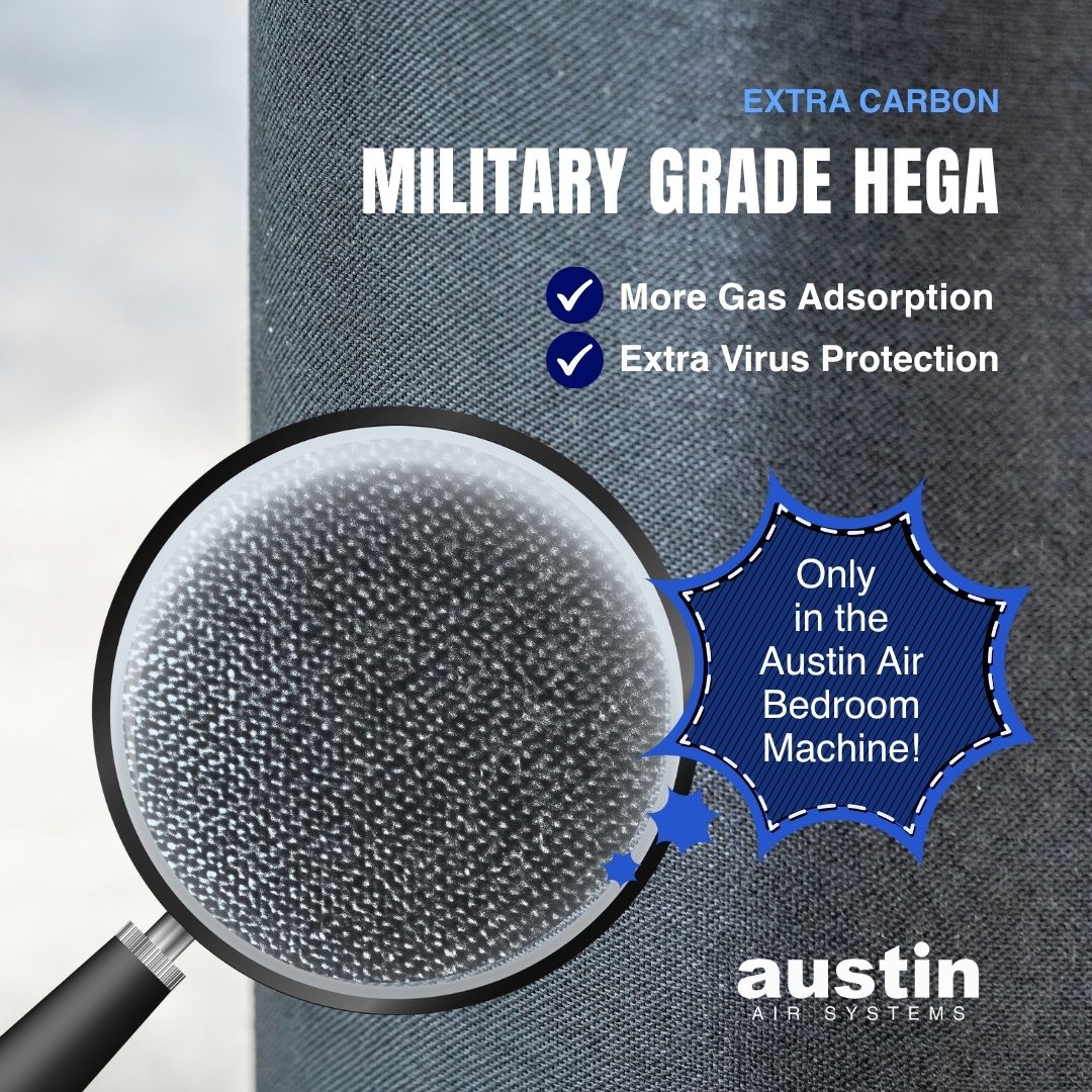 Austin Air Systems filter with magnifying glass showing carbon particles and text about military grade HEGA filter.
