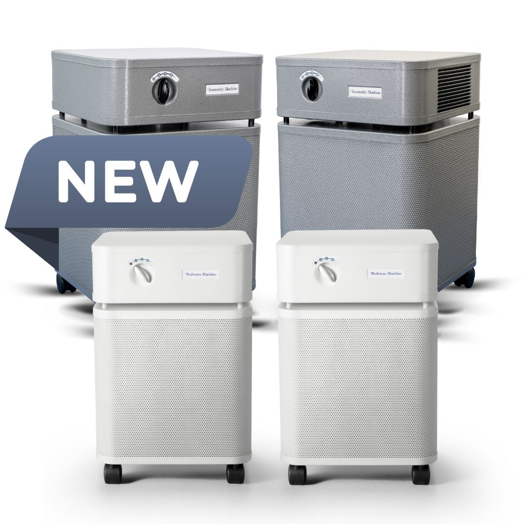 Four air purifiers of different sizes on a white background with 'NEW' label.
