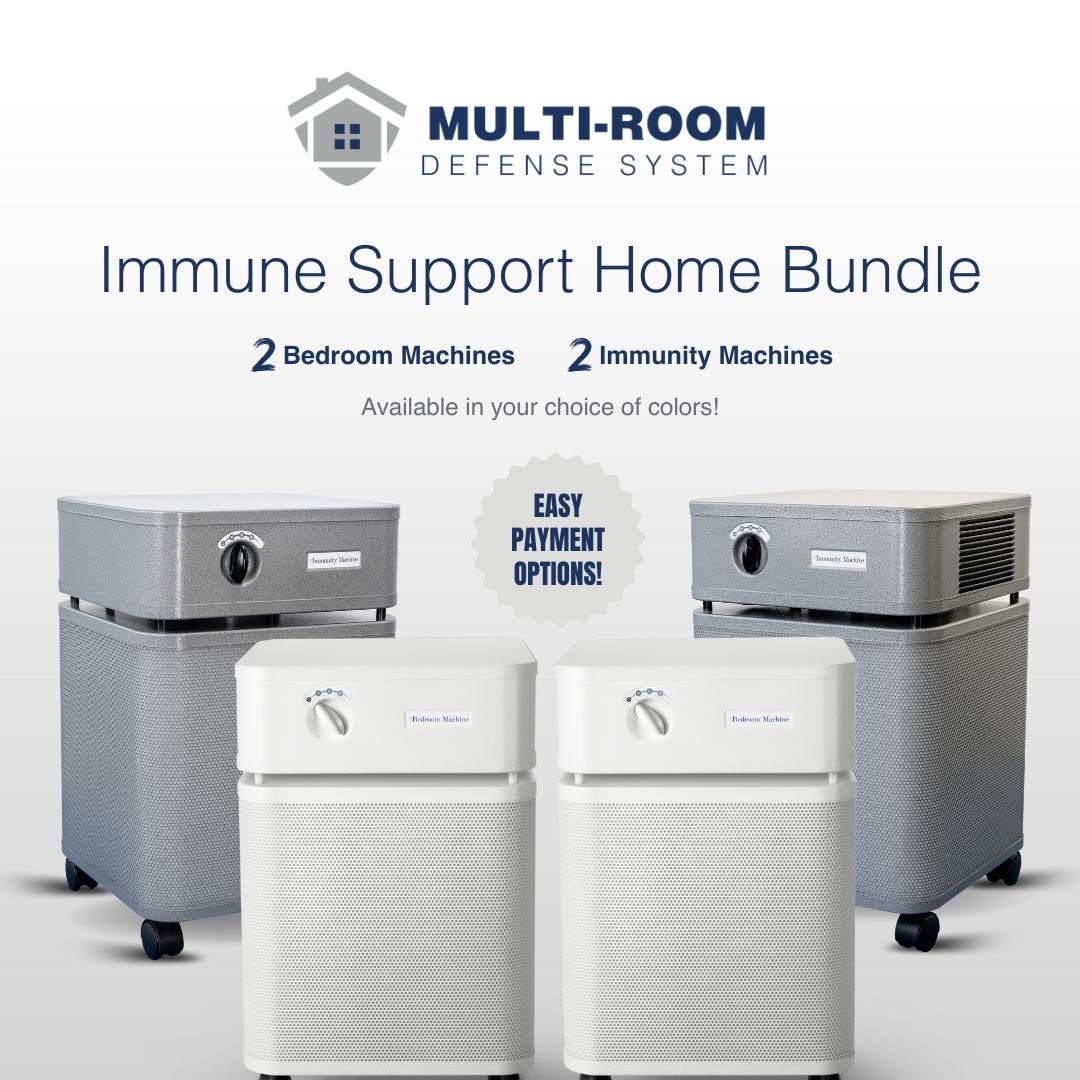 Advertisement for Multi-Room Defense System immune support home bundle with air purifiers.
