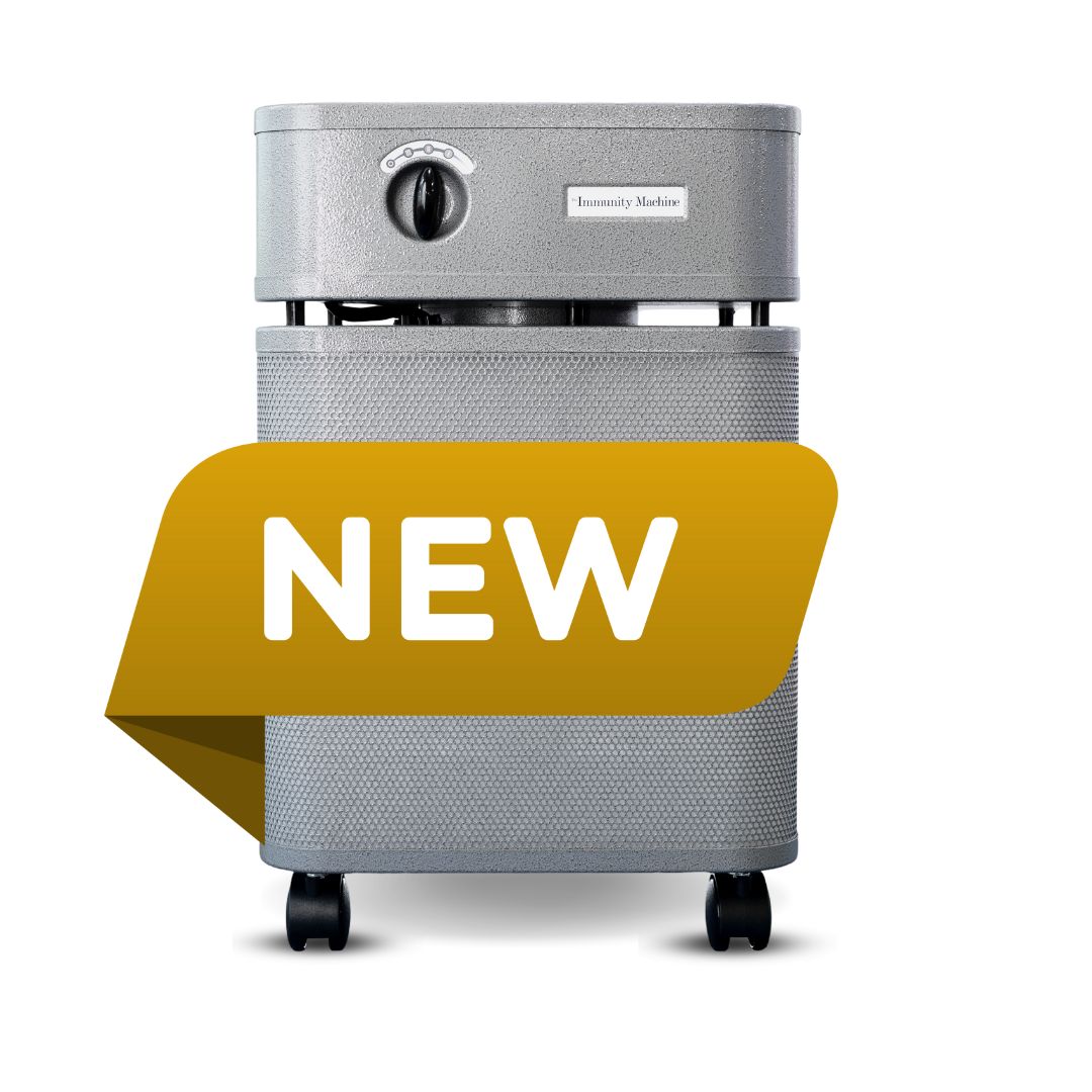 Gray immunity machine air purifier with a yellow 'NEW' label on a white background