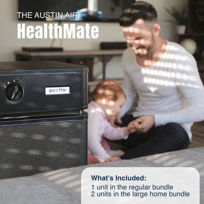 Austin Air HealthMate air purifier with a man and child in a home setting
