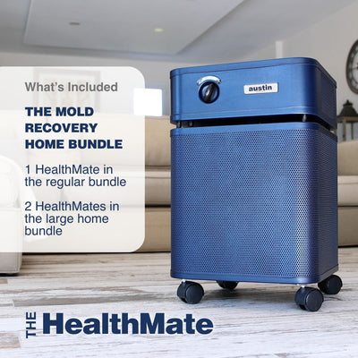 Blue HealthMate air purifier with text about the mold recovery home bundle in a living room setting.
