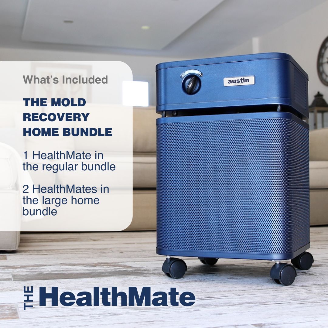 Blue HealthMate air purifier with text about the mold recovery home bundle in a living room setting.
