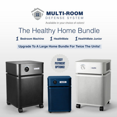 Multi-room defense system with air purifiers on a white background
