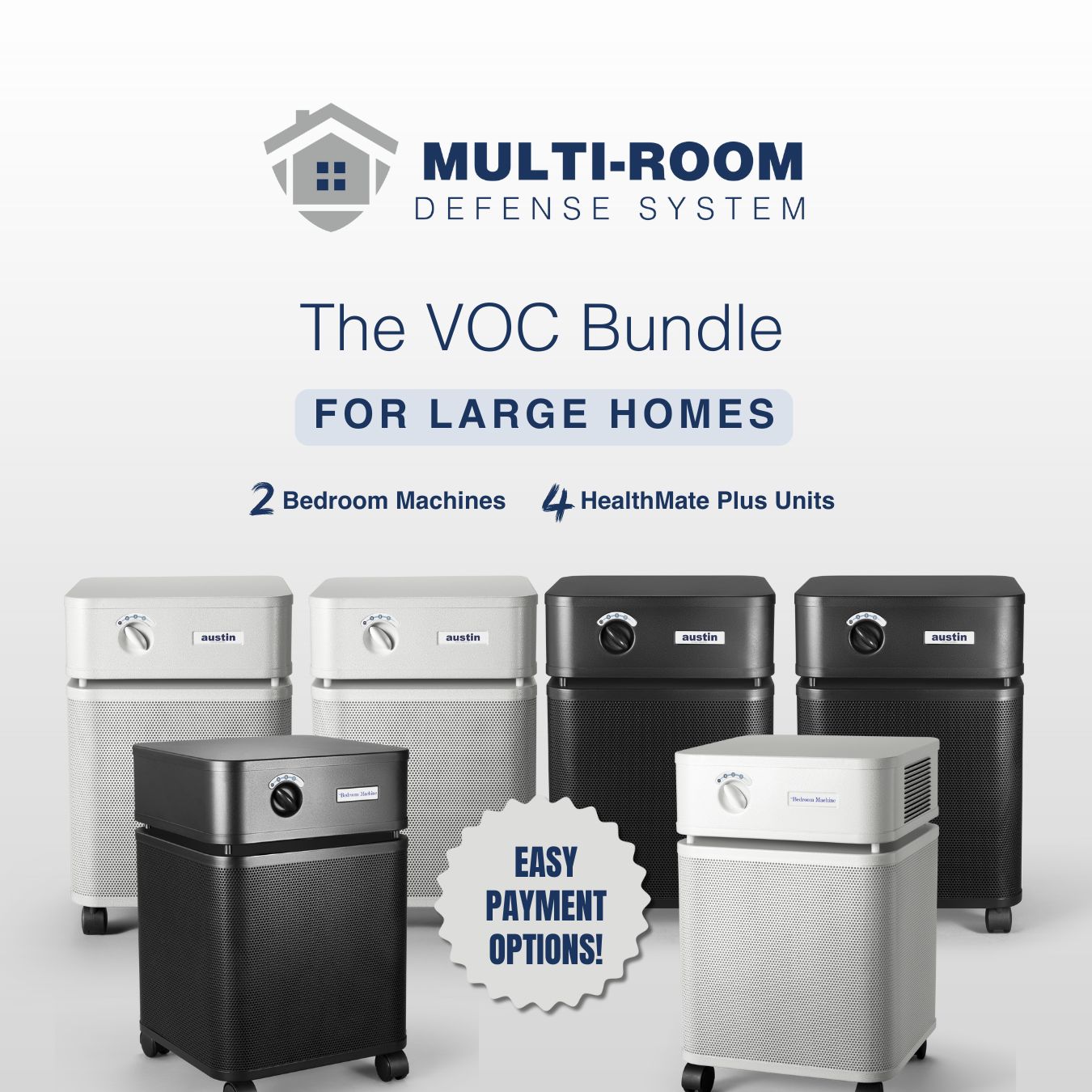 Multi-room defense system with various air purifiers on a white background
