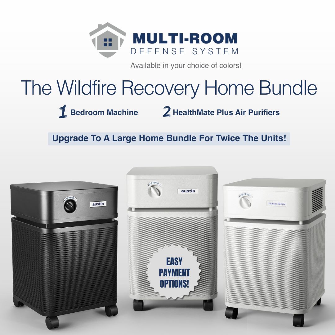 Multi-room defense system with bedroom machine and HealthMate Plus air purifiers on a white background
