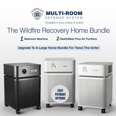 Multi-room defense system with bedroom machine and HealthMate Plus air purifiers on a white background
