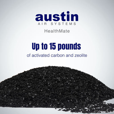 Pile of activated carbon with Austin Air Systems branding on a light gray background