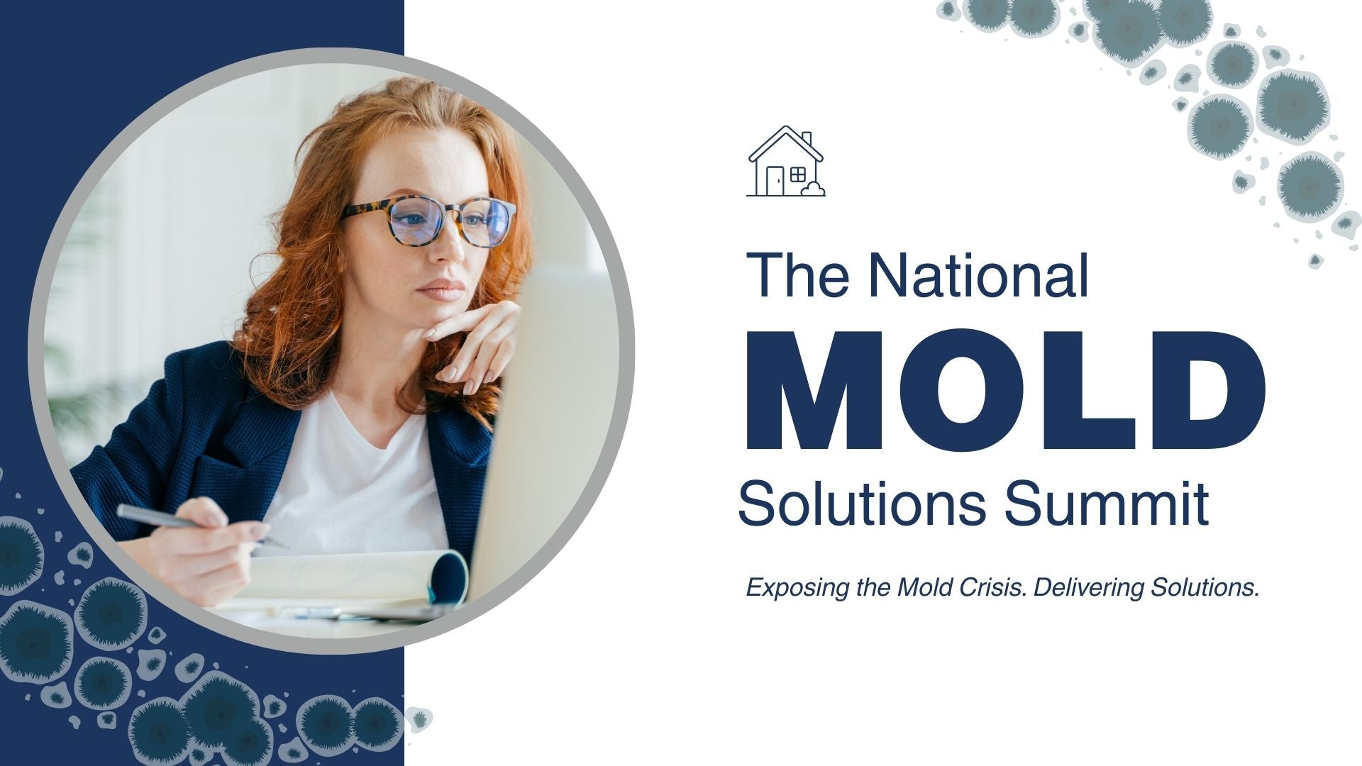 Promotional graphic for The National Mold Solutions Summit featuring a woman with glasses and a blue background.