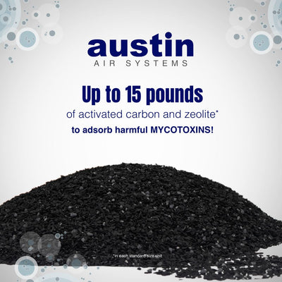Advertisement for Austin Air Systems with activated carbon and zeolite on a white background
