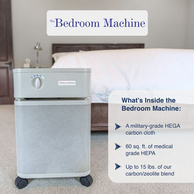 Air purifier labeled 'The Bedroom Machine' in a bedroom setting with features highlighted.
