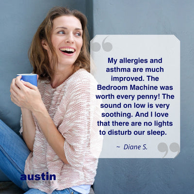 Woman holding a mug with a testimonial about an Austin product on a blue background
