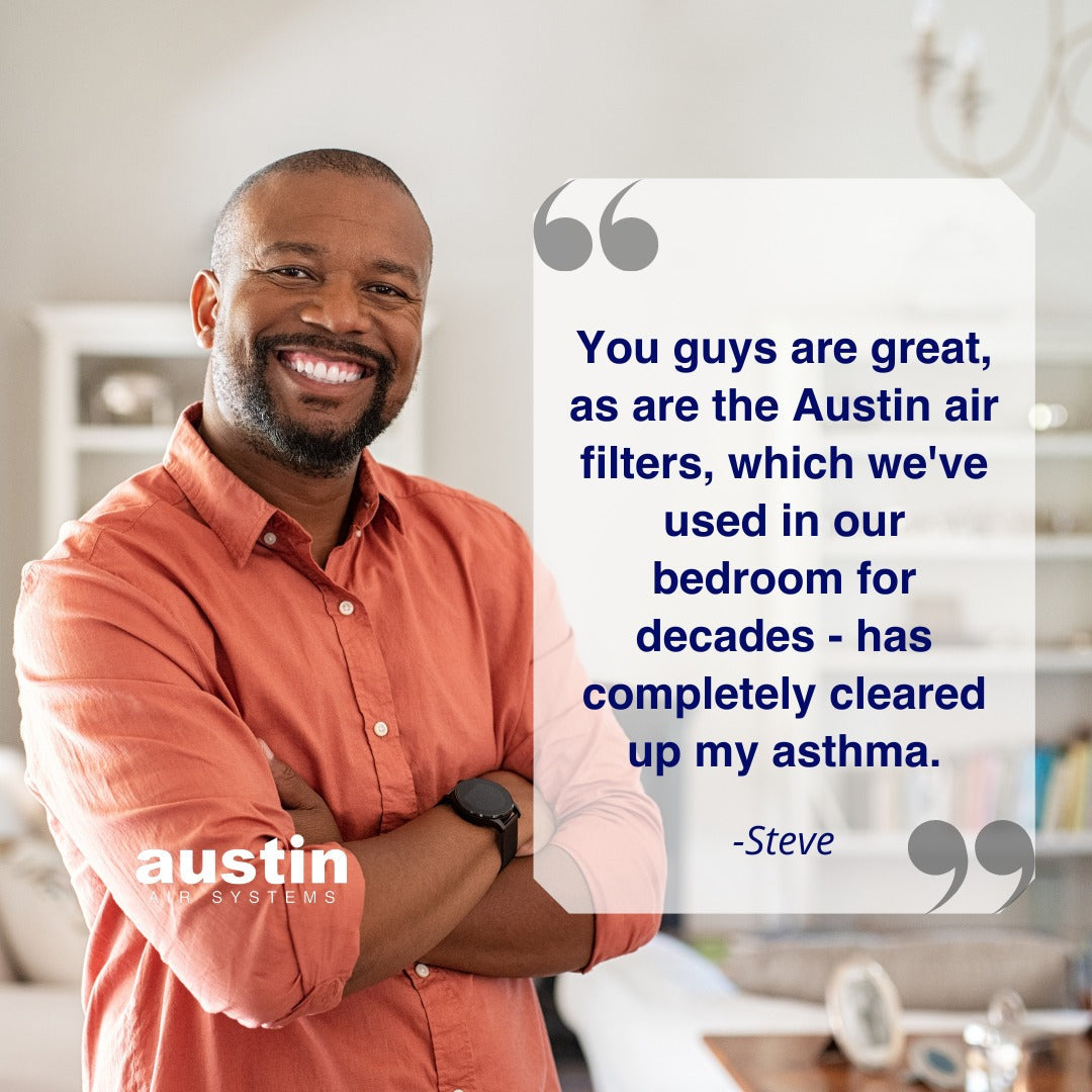 Man in an orange shirt with a testimonial about Austin air filters on a white background
