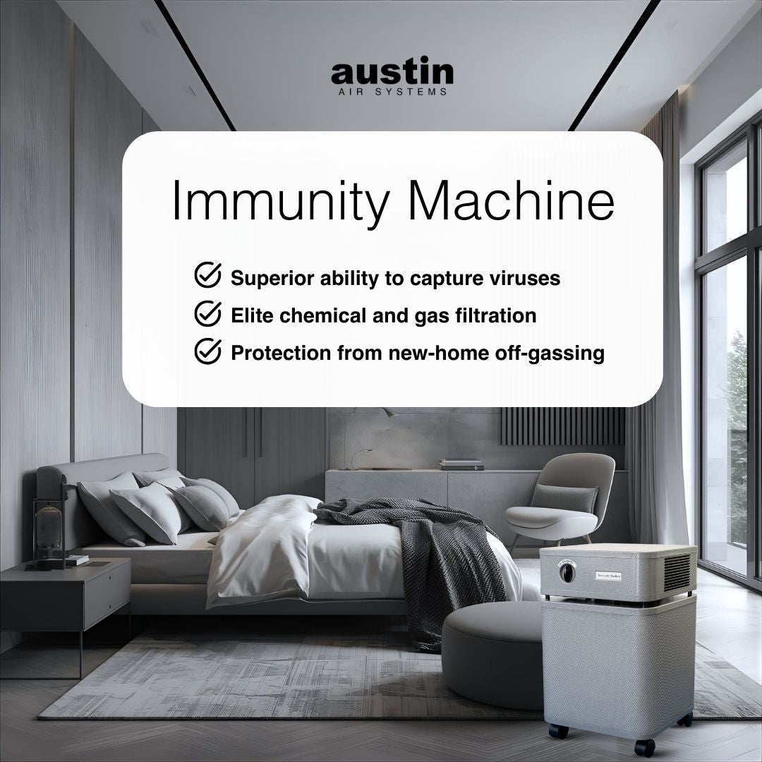 Air purifier labeled 'Immunity Machine' by Austin Air Systems in a modern bedroom.