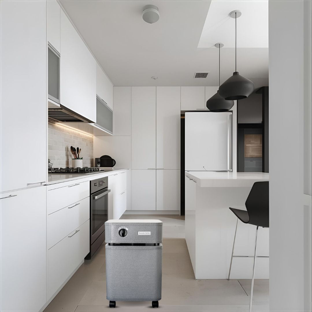 Modern kitchen with white cabinets, stainless steel appliances, and a small gray Austin Air Immunity Machine air purifier on the floor.