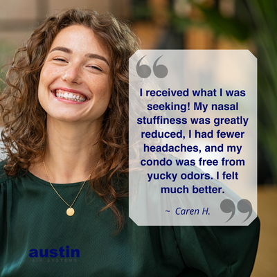 Woman with a smile, overlaid with a testimonial quote about nasal relief and improved quality of life.
