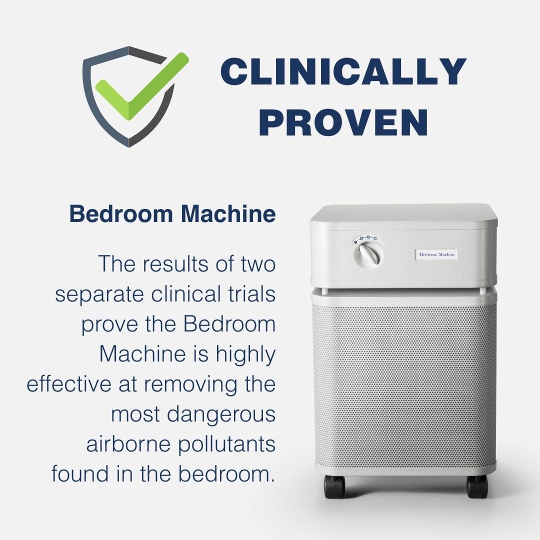 Air purifier with text highlighting clinical proven effectiveness in removing airborne pollutants from bedrooms.
