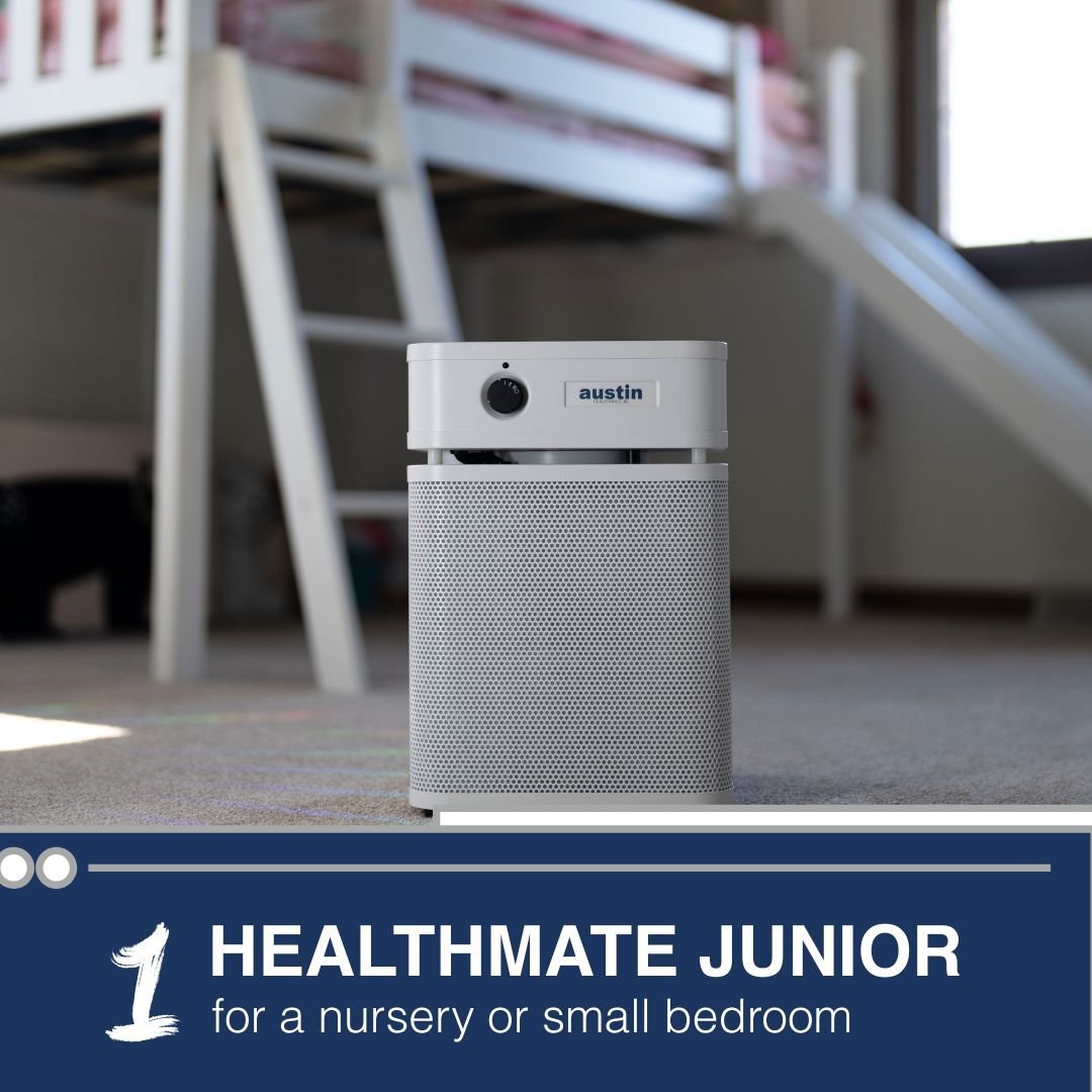 Air purifier labeled 'Healthmate Junior' in a room with a bunk bed.
