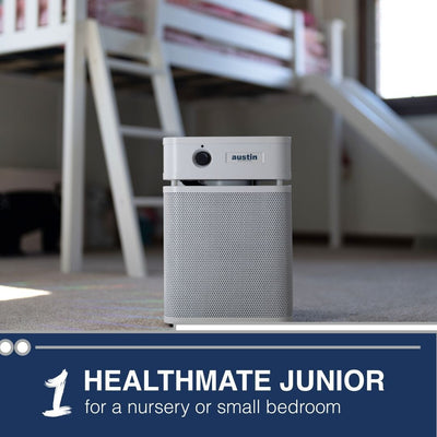 Air purifier labeled 'Healthmate Junior' in a room with a bunk bed.
