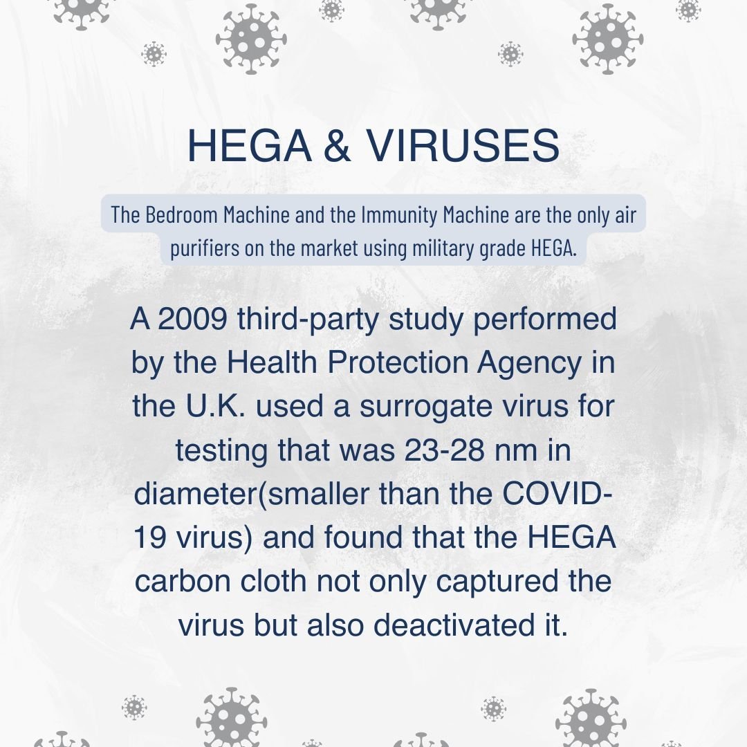 Text about HEGA and viruses with virus graphics on a light gray background
