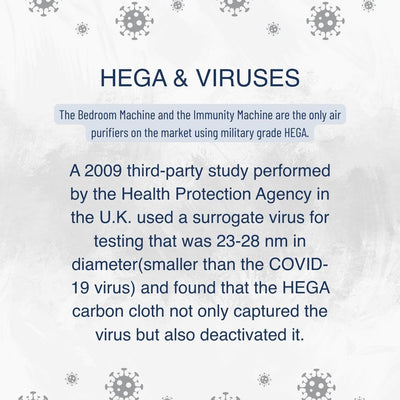 Text about HEGA and viruses with virus graphics on a light gray background
