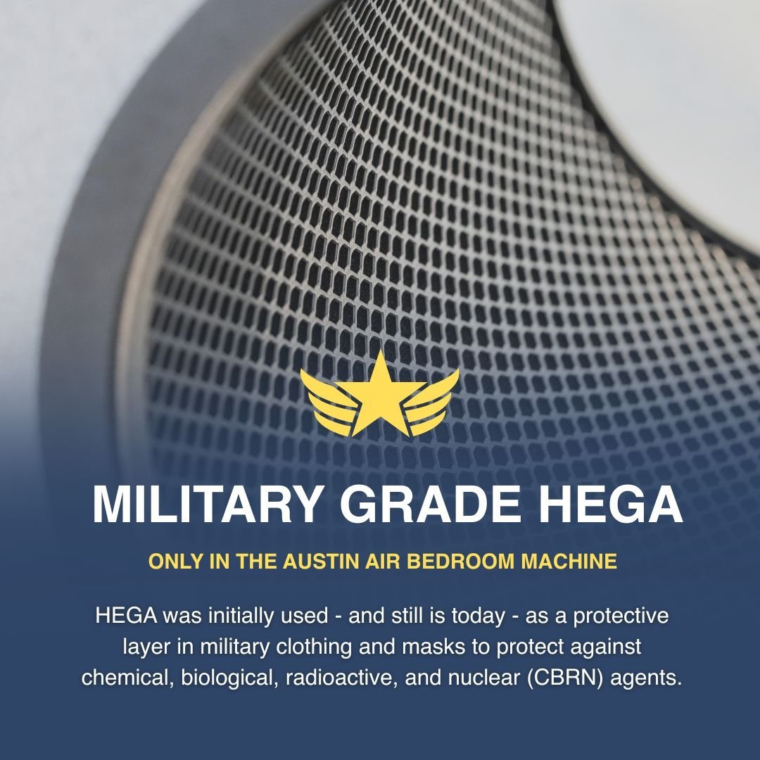 Austin Air Bedroom Machine with military grade HEGA filter and logo
