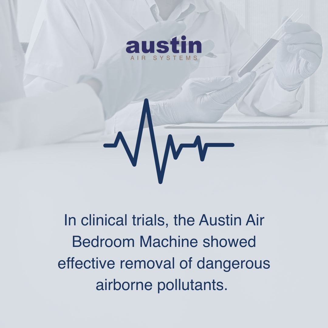 Advertisement for Austin Air Systems with a person using a device and text about clinical trials.
