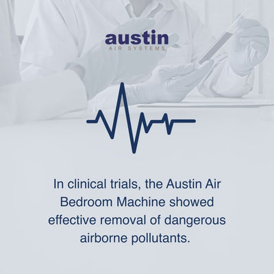 Advertisement for Austin Air Systems with a person using a device and text about clinical trials.
