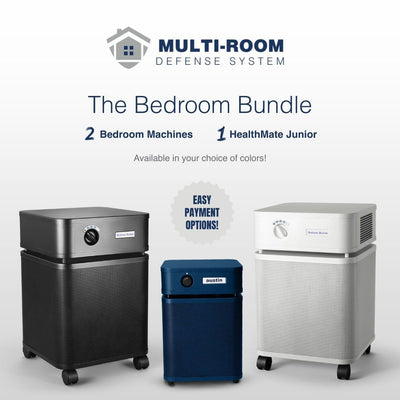 Advertisement for Multi-Room Defense System Bedroom Bundle with three air purifiers on a white background.
